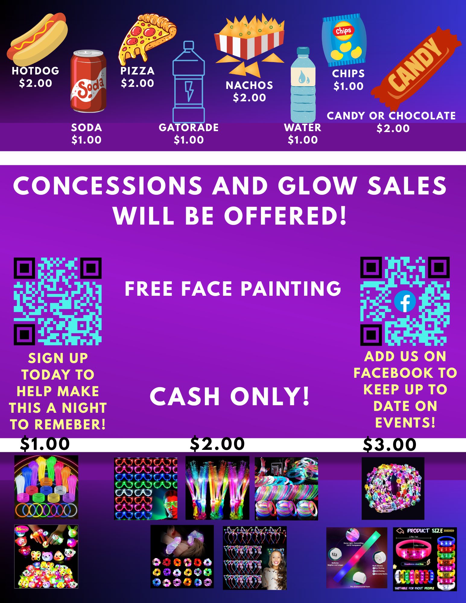 A promotional poster displays food and glow-in-the-dark items for sale.