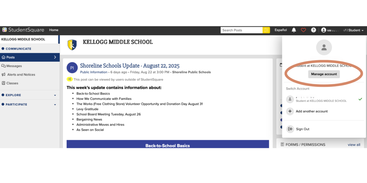 Screenshot that shows selecting "Manage Account" in a student's profile in StudentSquare.