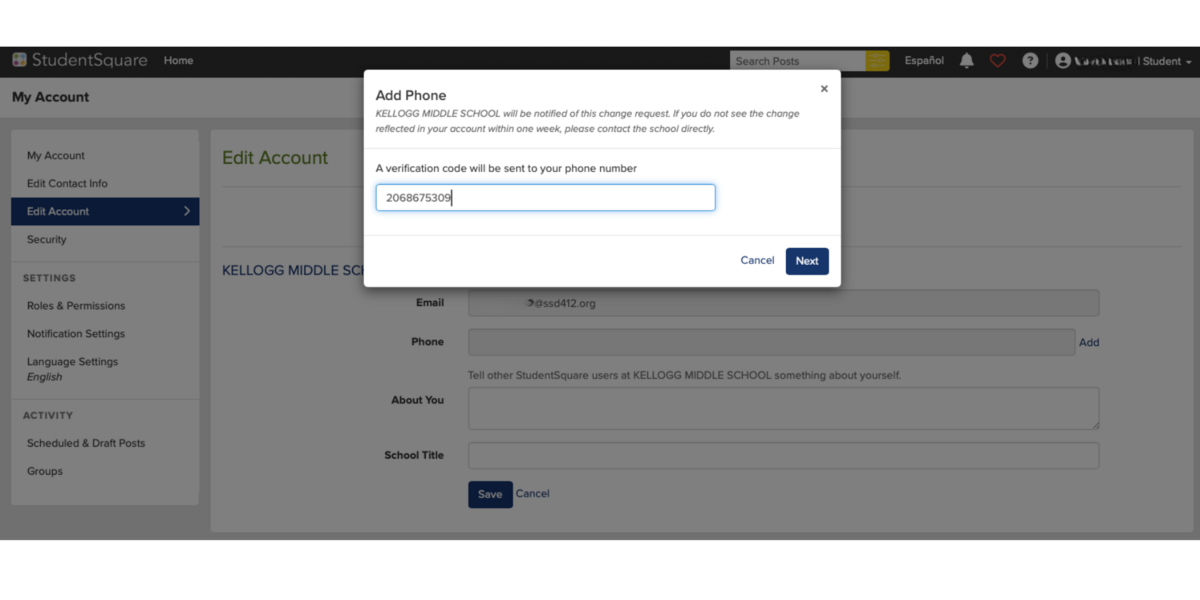 Screenshot showing how to enter a phone number to a student's account in StudentSquare.
