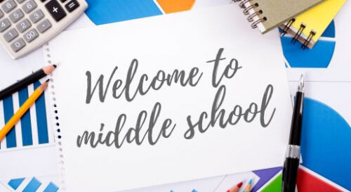 A notepad with the words 'Welcome to middle school' is surrounded by school supplies.