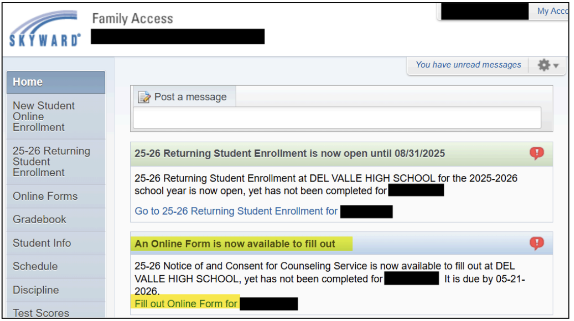 Screenshot of Skyward Family Access