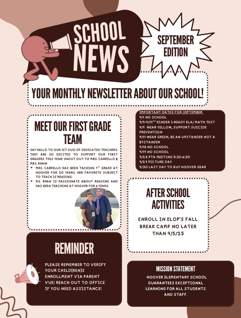 School newsletter with announcements, including important dates and after-school activities.
