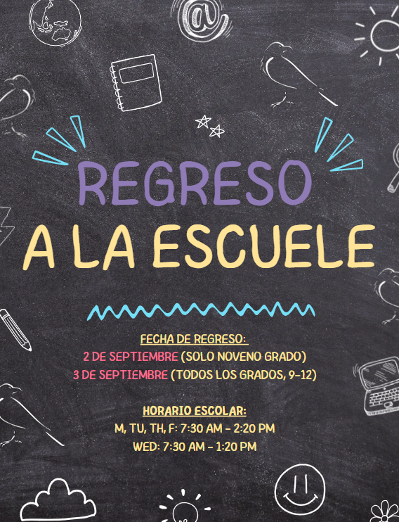 A chalkboard-style poster announces 'Regreso a la Escuela' (Back to School) in Spanish.