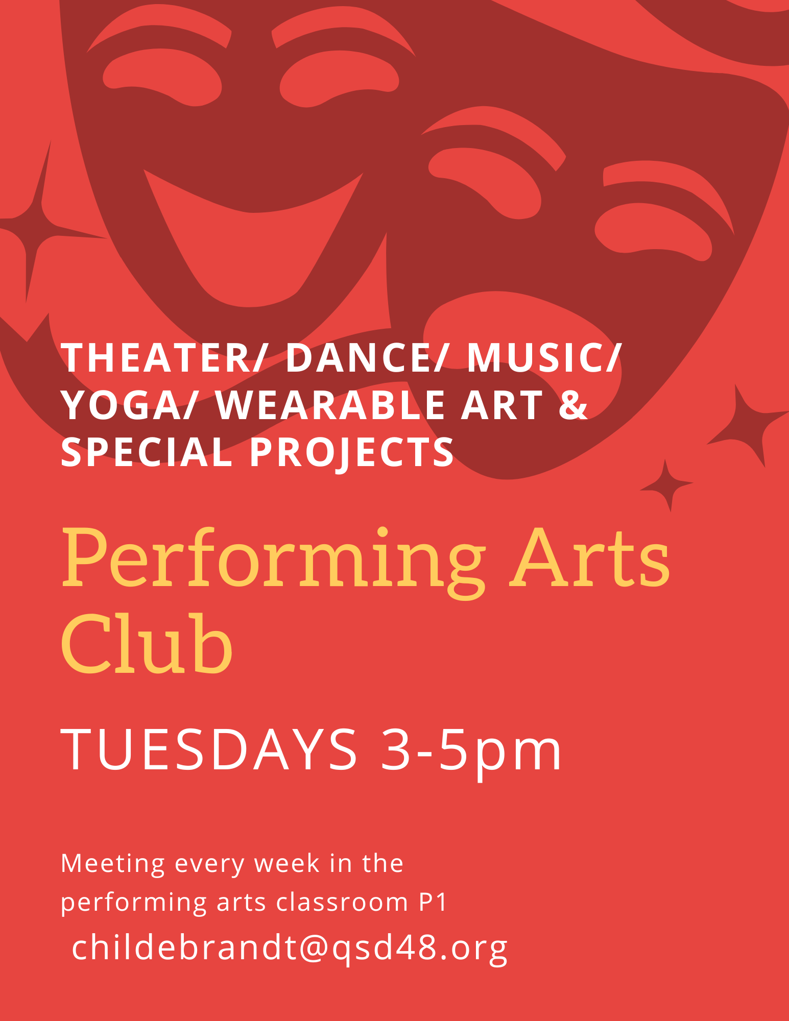 A red poster advertises a Performing Arts Club with a theater mask graphic.