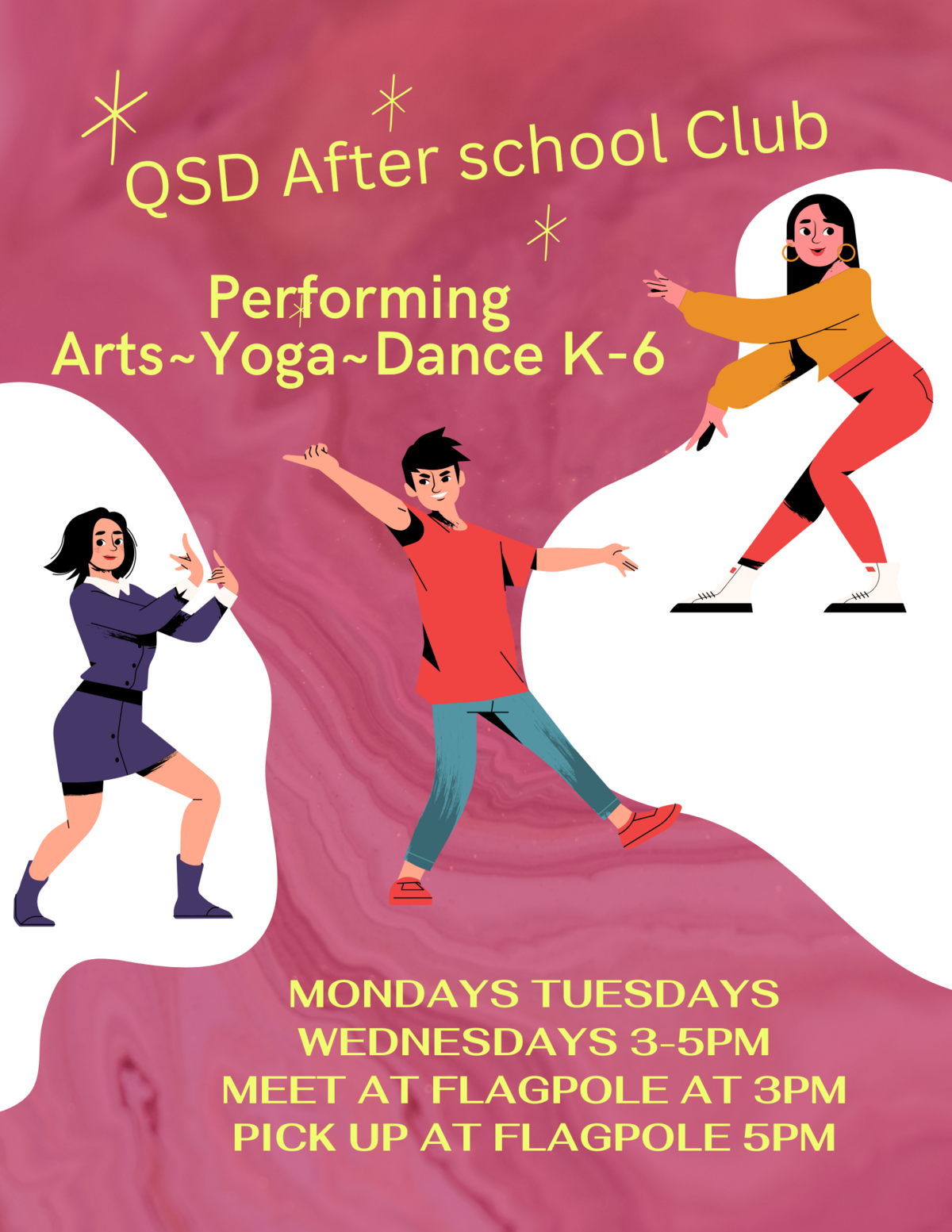 Poster advertising QSD After School Club, featuring illustrations of people dancing.