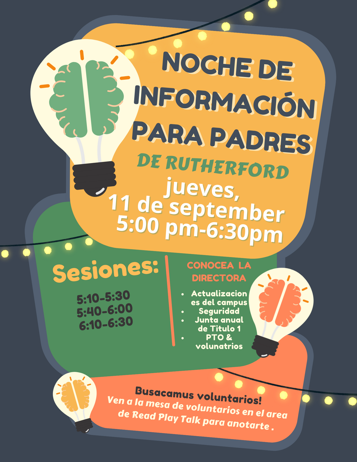 Poster in Spanish for a parent information night at Rutherford school.