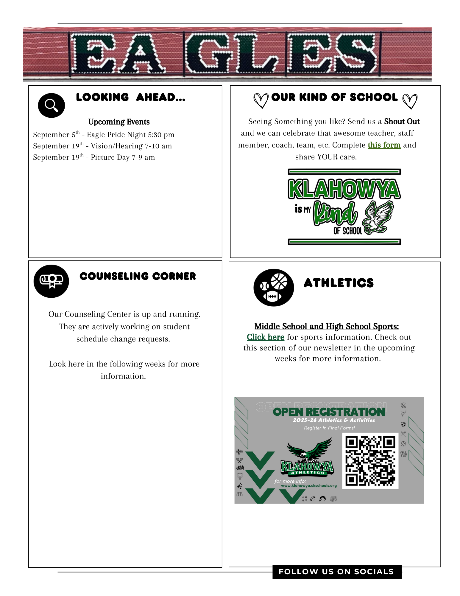 School newsletter with upcoming events, counseling information, and athletics details.