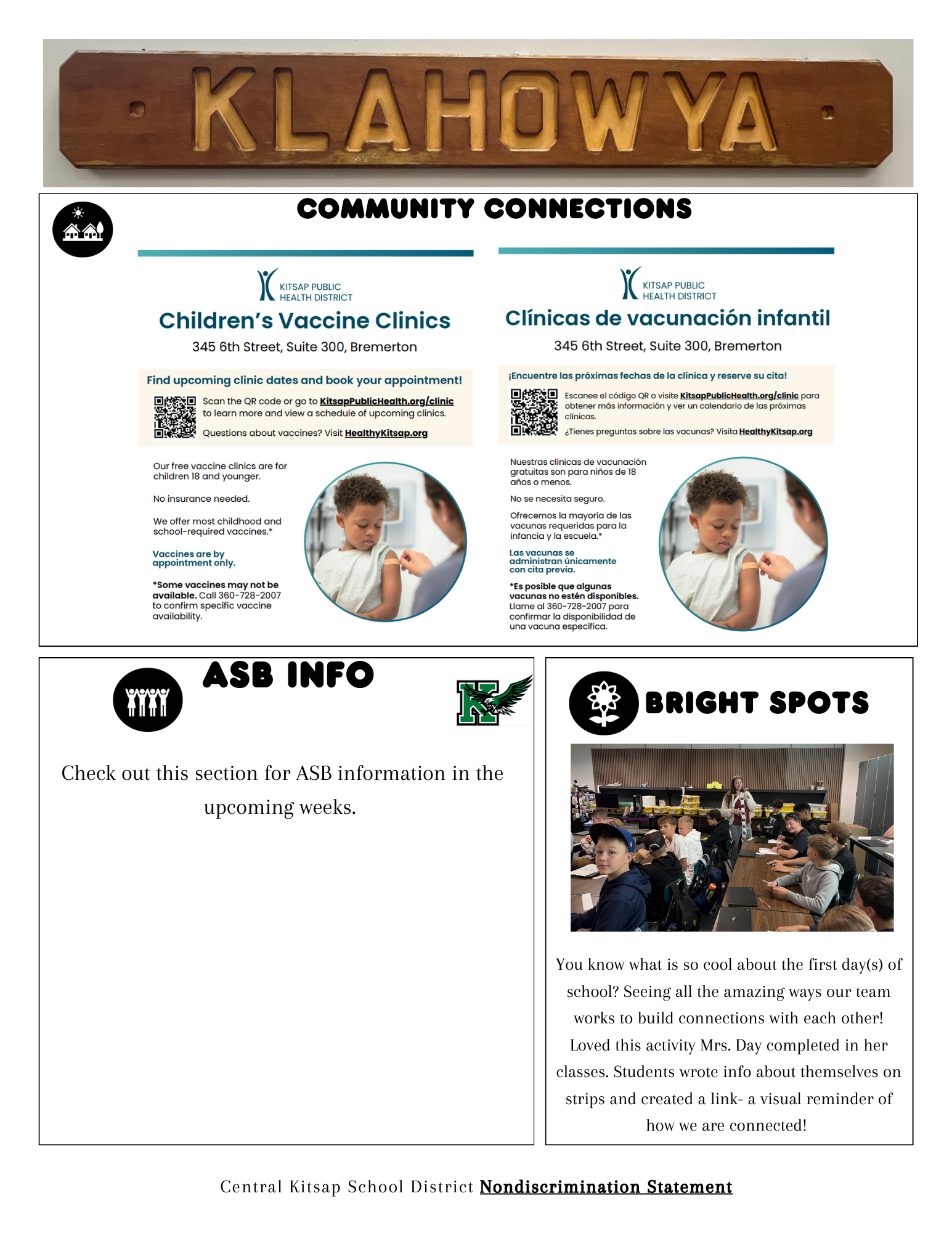 A community information flyer with details on vaccine clinics and school activities.