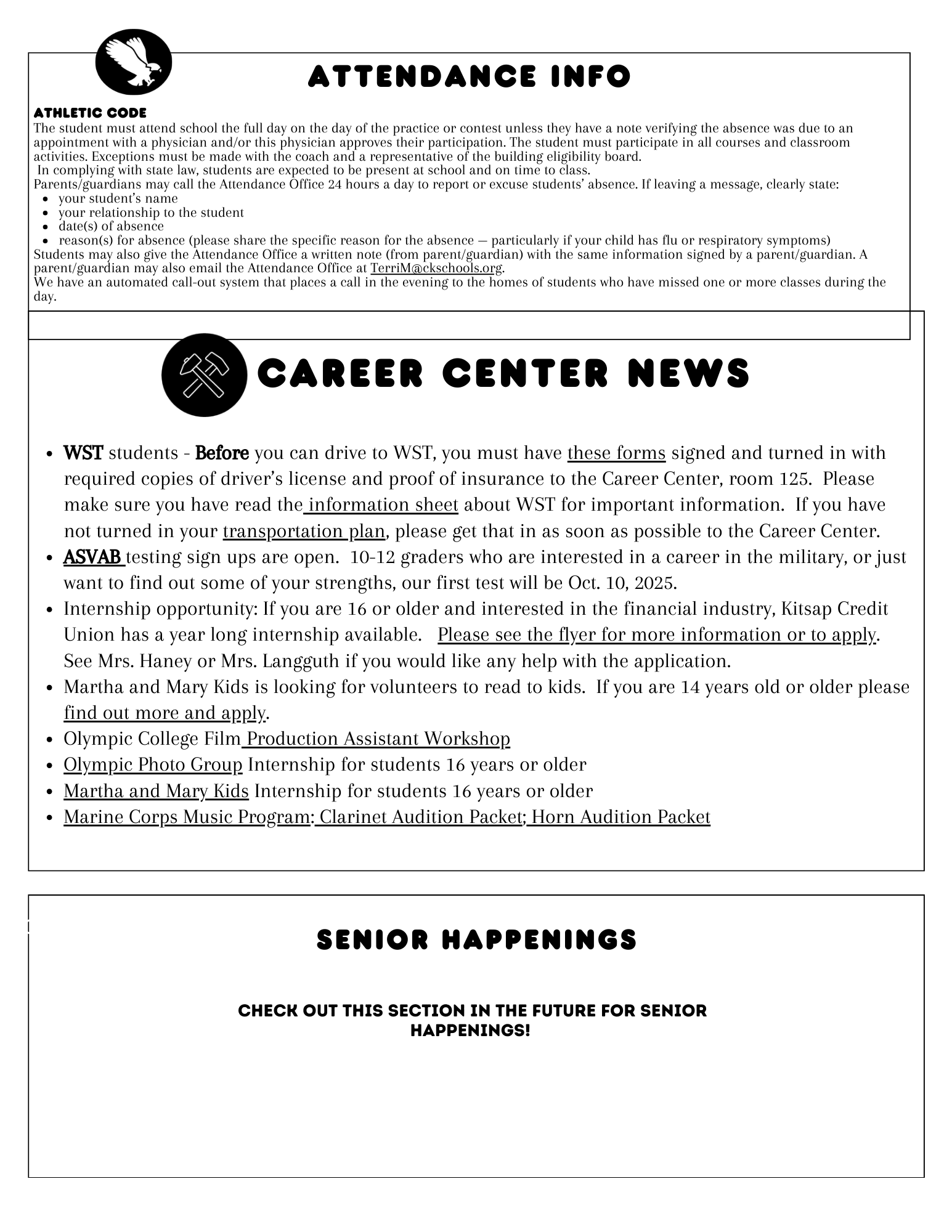 A school bulletin board with information on attendance, career center news, and senior happenings.