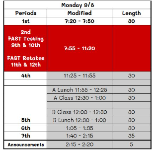 A school schedule for Monday, September 8th, with modified class times.