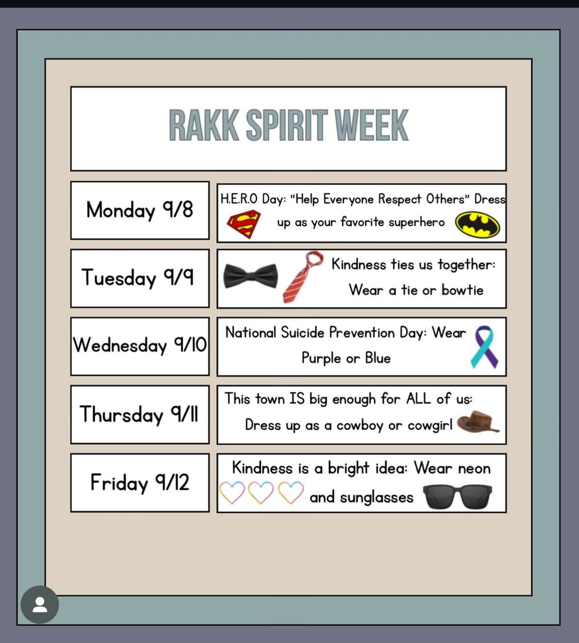 A colorful flyer announces Rakk Spirit Week with daily themes and dates.