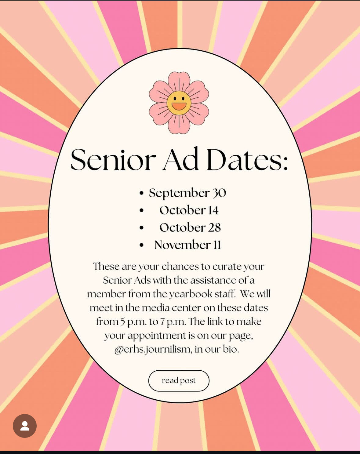 Announcement for senior ad dates with a retro design and flower graphic.