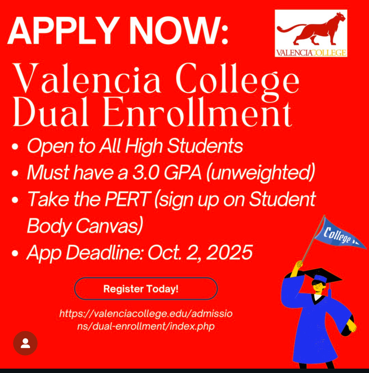 Red advertisement for Valencia College Dual Enrollment, with key information and a student illustration.