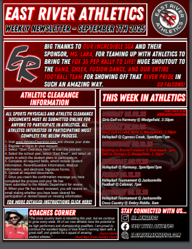 A school newsletter for East River Athletics, featuring sports schedules and announcements.