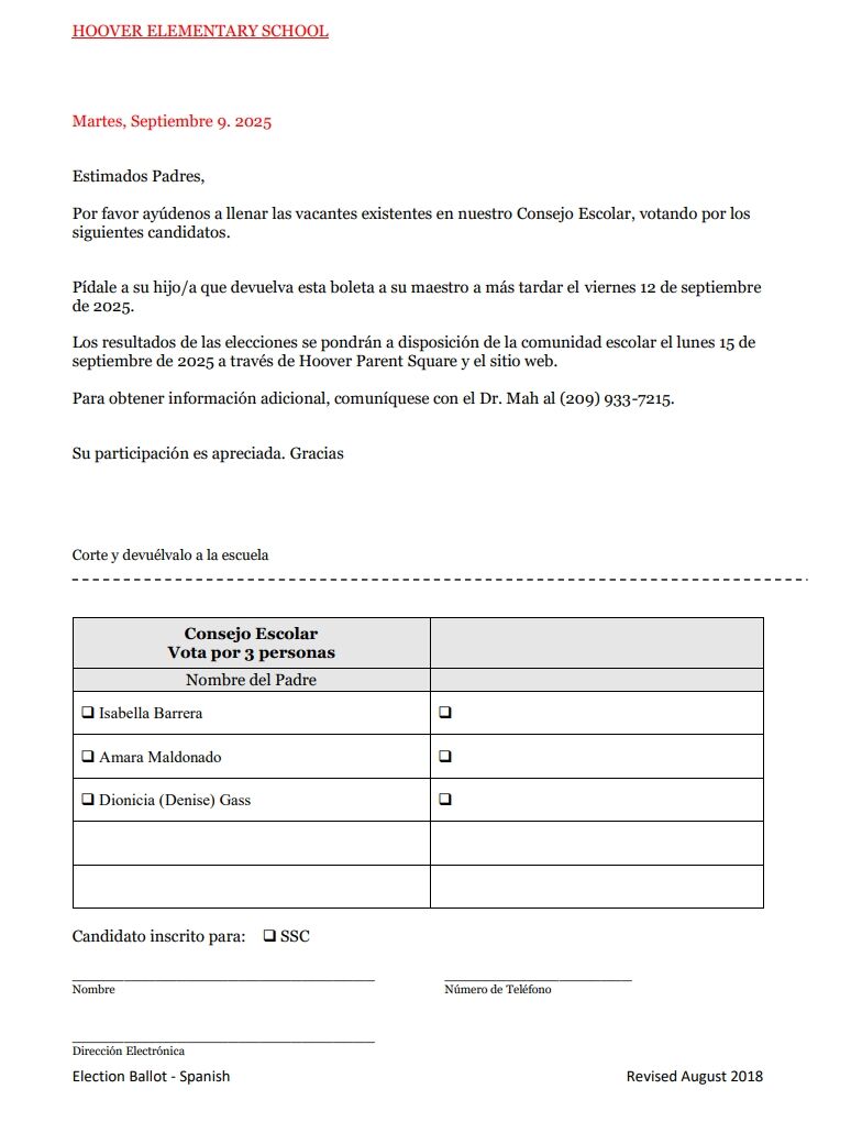 A Spanish-language school election ballot from Hoover Elementary School.