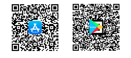 Two QR codes, one with an Apple App Store icon and the other with a Google Play Store icon.