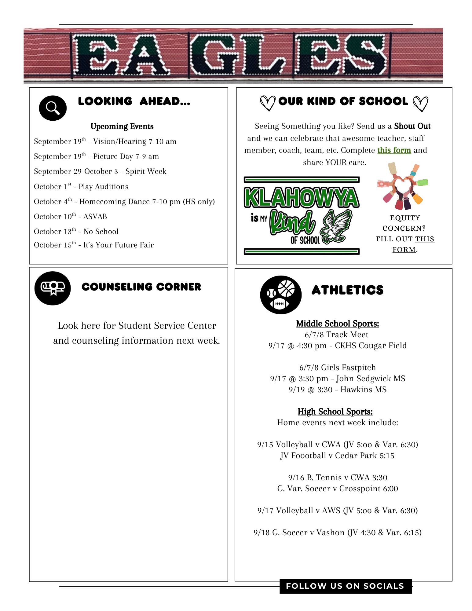 School bulletin board with upcoming events, sports schedules, and school information.