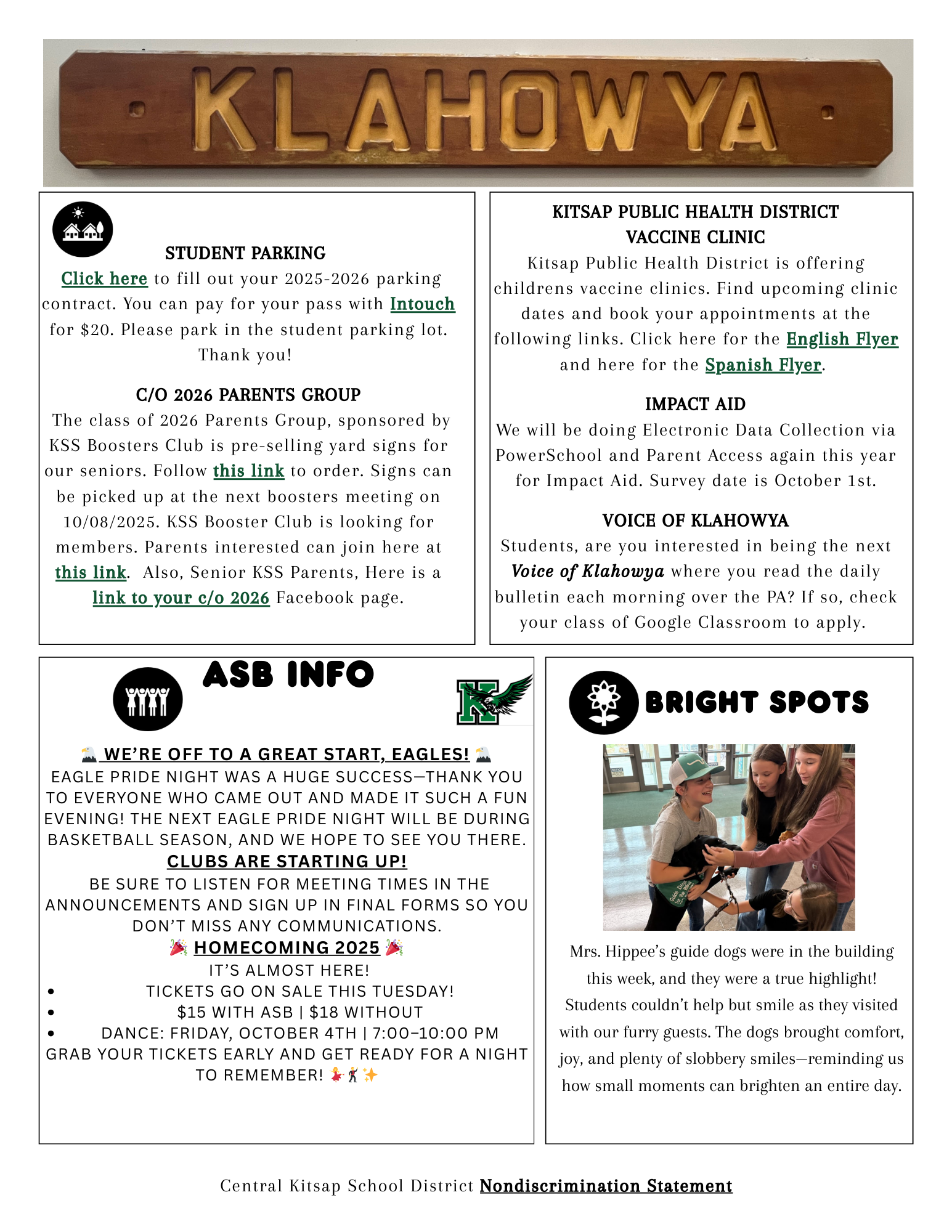 A wooden sign that reads 'KLAHOWYA' is displayed at the top of the page.