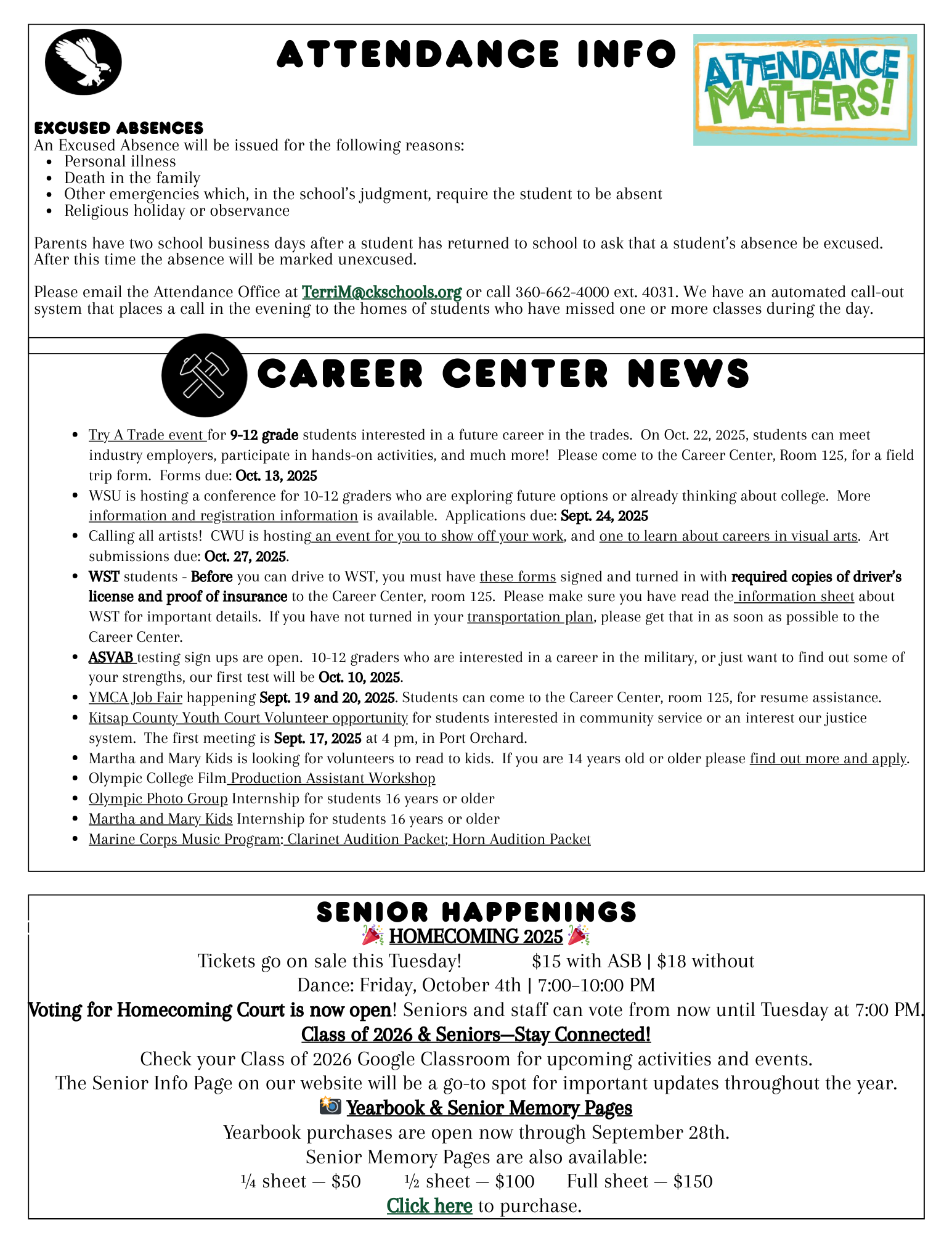 A school information sheet with announcements about attendance, career events, and senior happenings.