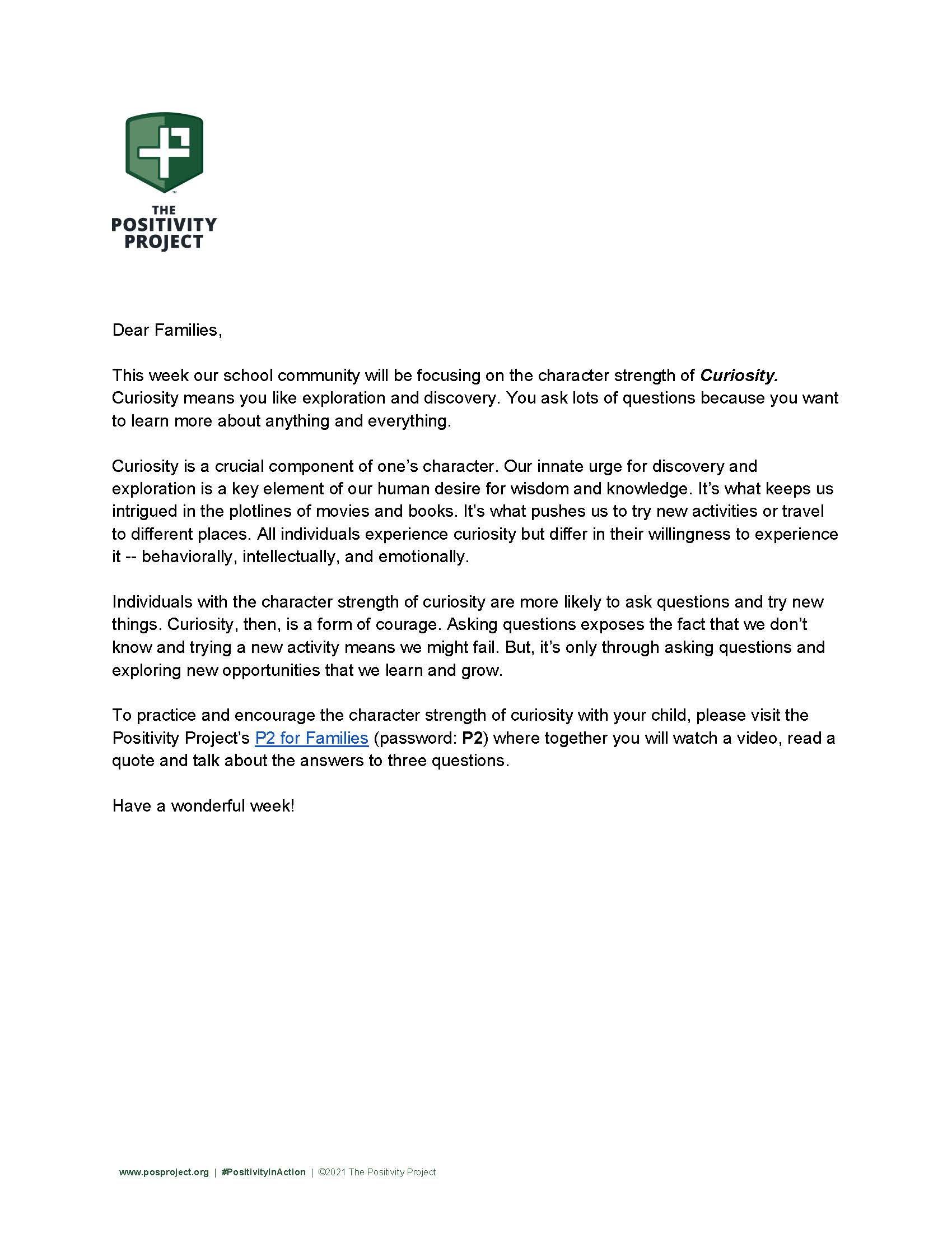 A letter from The Positivity Project discusses the character strength of curiosity.
