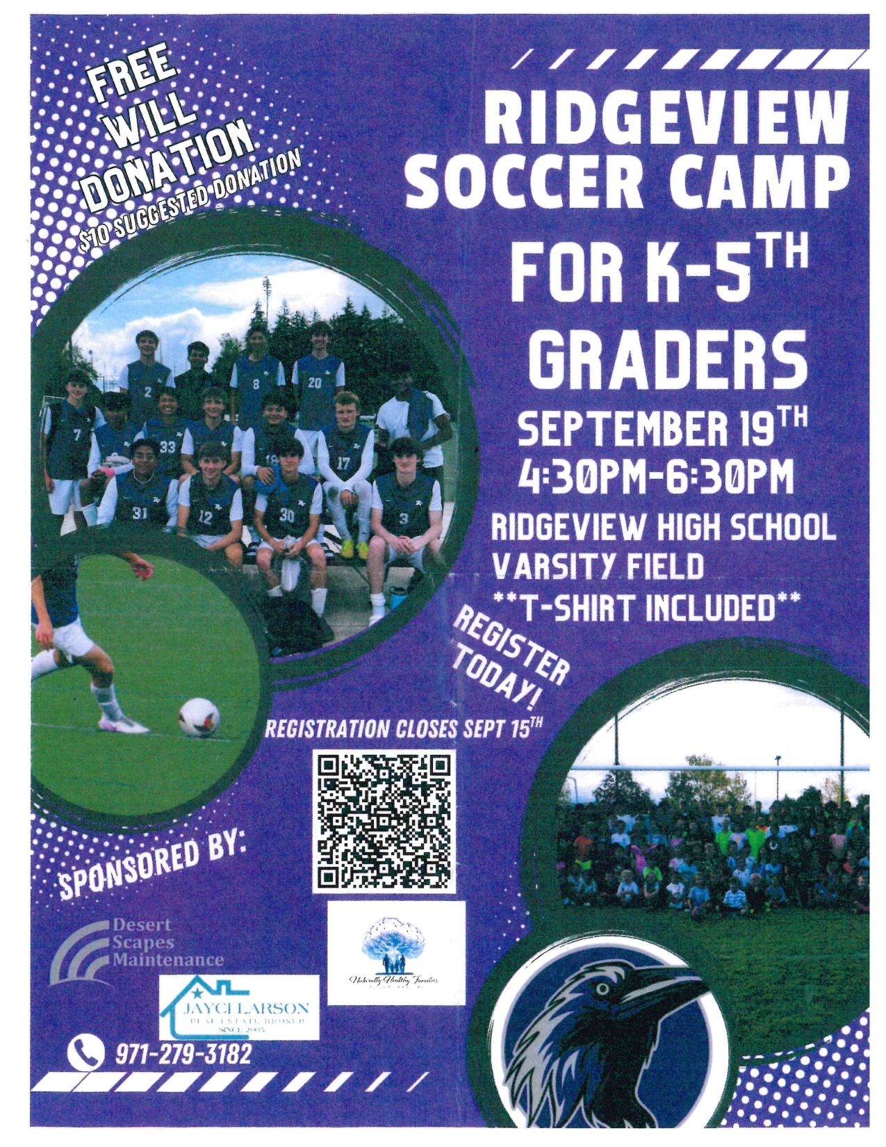 A promotional poster for Ridgeview Soccer Camp for K-5th graders, featuring a team photo and event details.