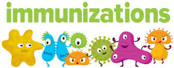 Colorful cartoon image with the word 'immunizations' above various microbe characters.