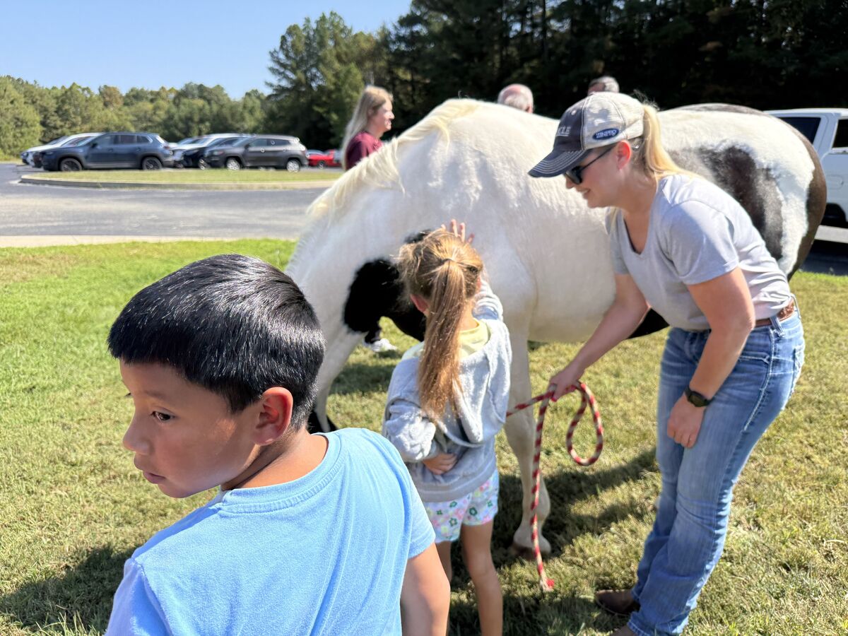 A child and an adult interact with a white and black horse outdoors.