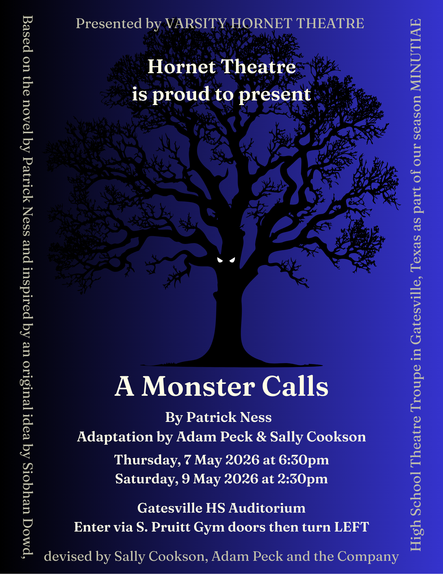 Publicity poster for A Monster Calls (The Play), based on the novel by Patrick Ness and inspired by an original idea by Siobhan Dowd, devised by Sally Cookson, Adam Peck and the Company, presented by Junior High and High School Hornet Theatre