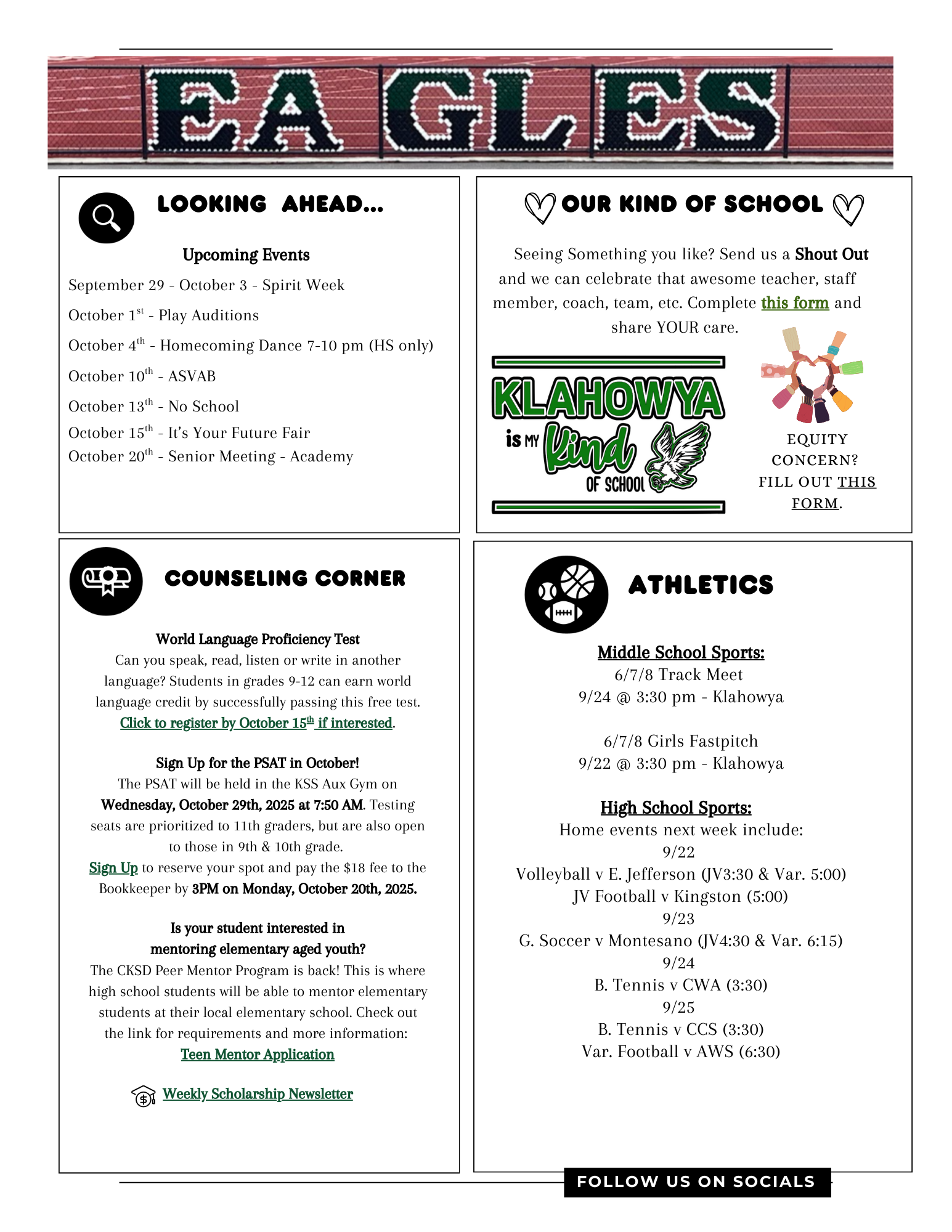 School bulletin board with upcoming events, counseling information, and sports schedules.