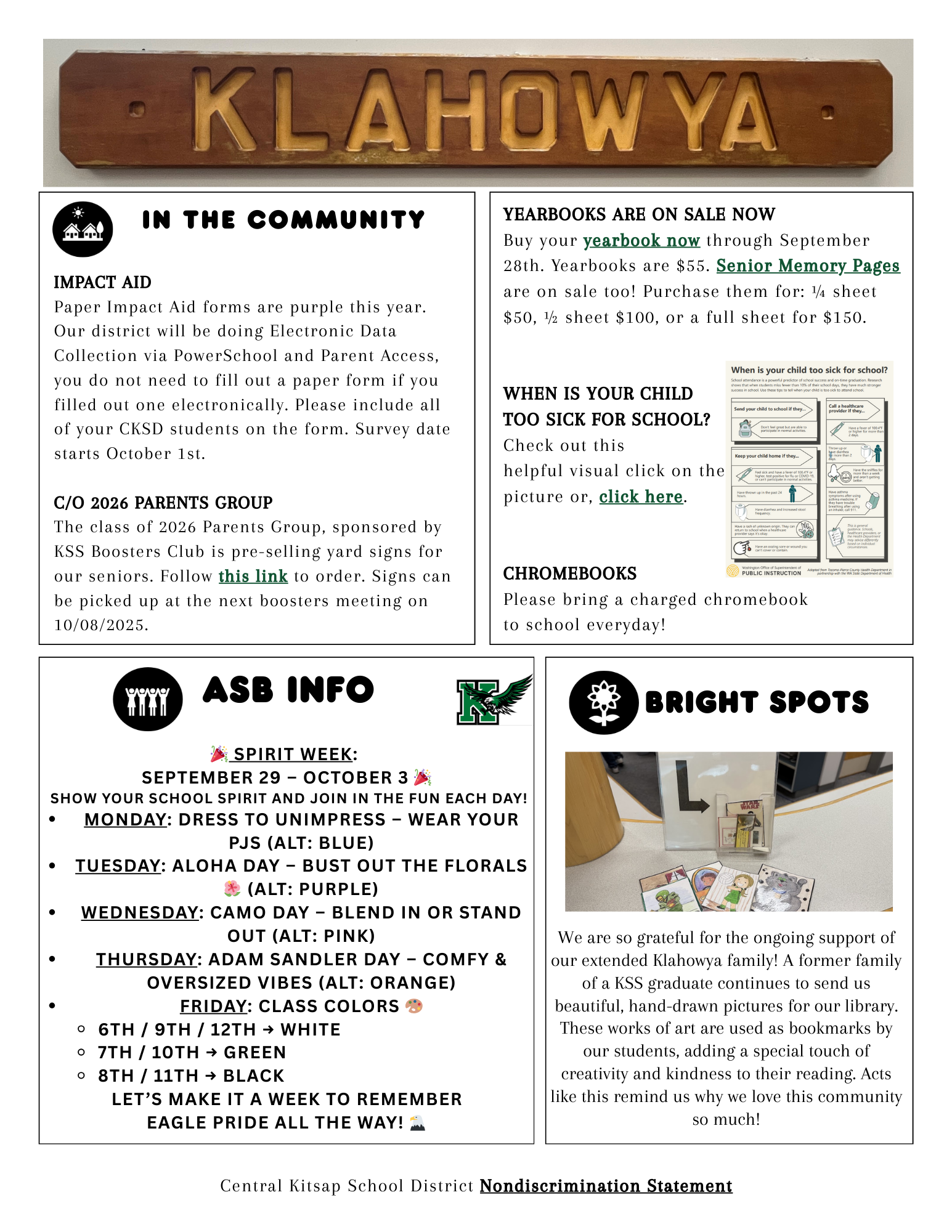 A school announcement board with information about yearbooks, spirit week, and community events.