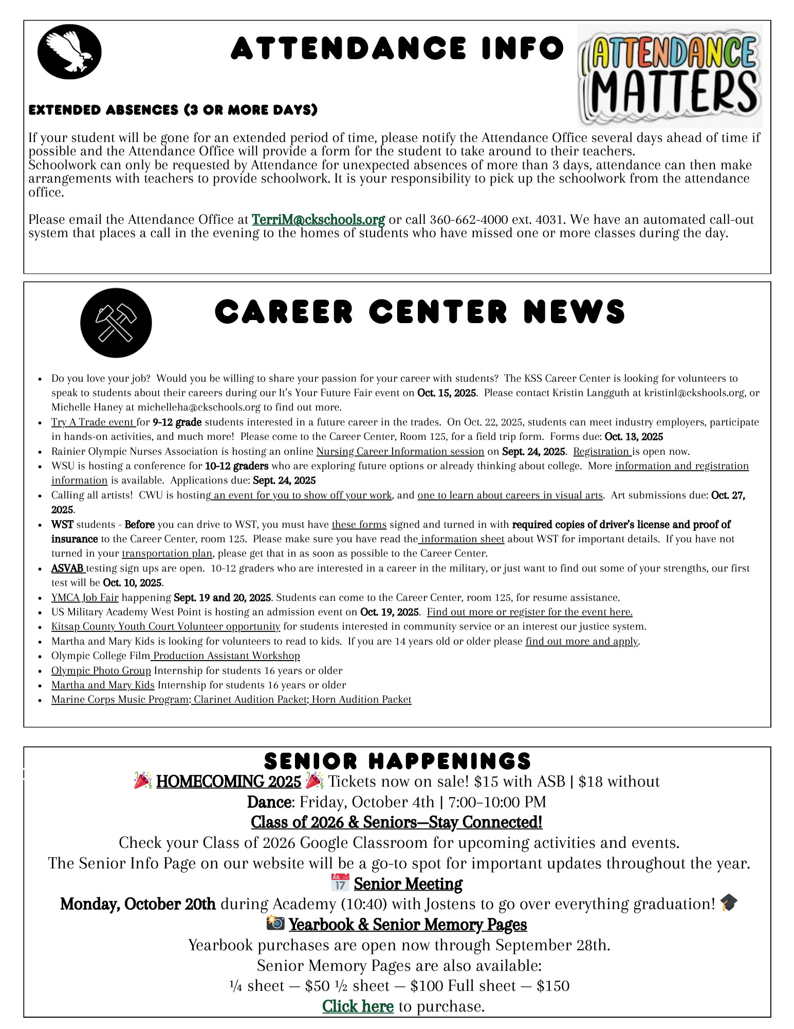 A flyer with information about school attendance, career center news, and senior happenings.