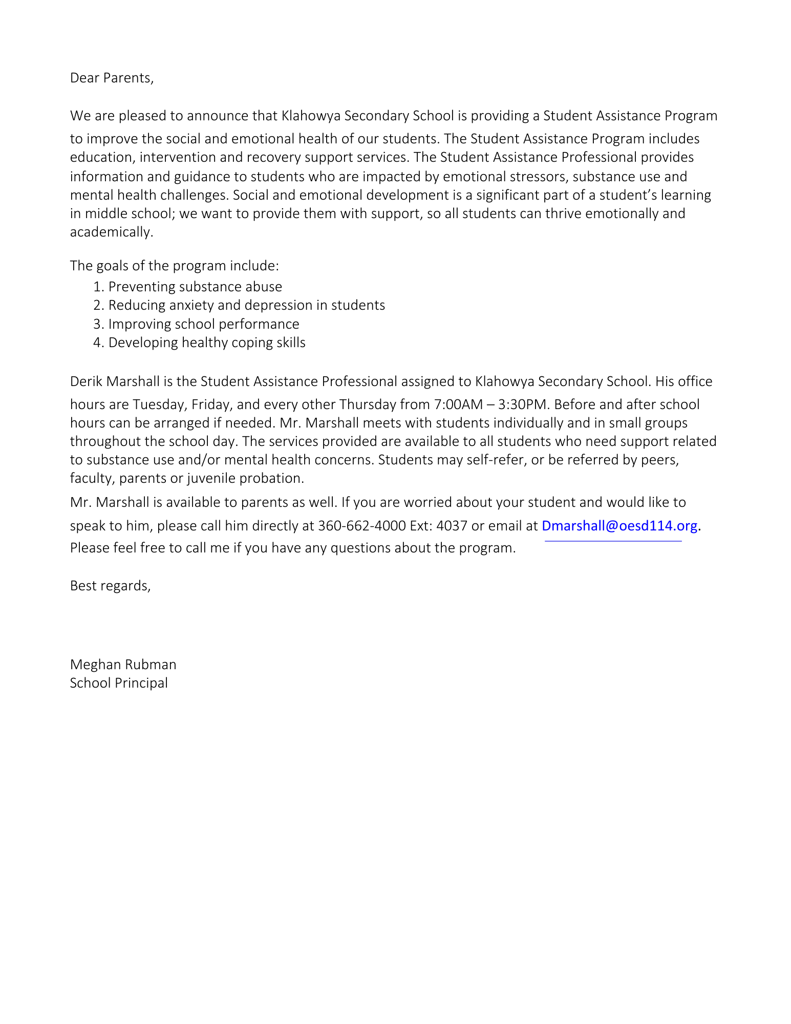 A letter from Klahowya Secondary School announces a Student Assistance Program.