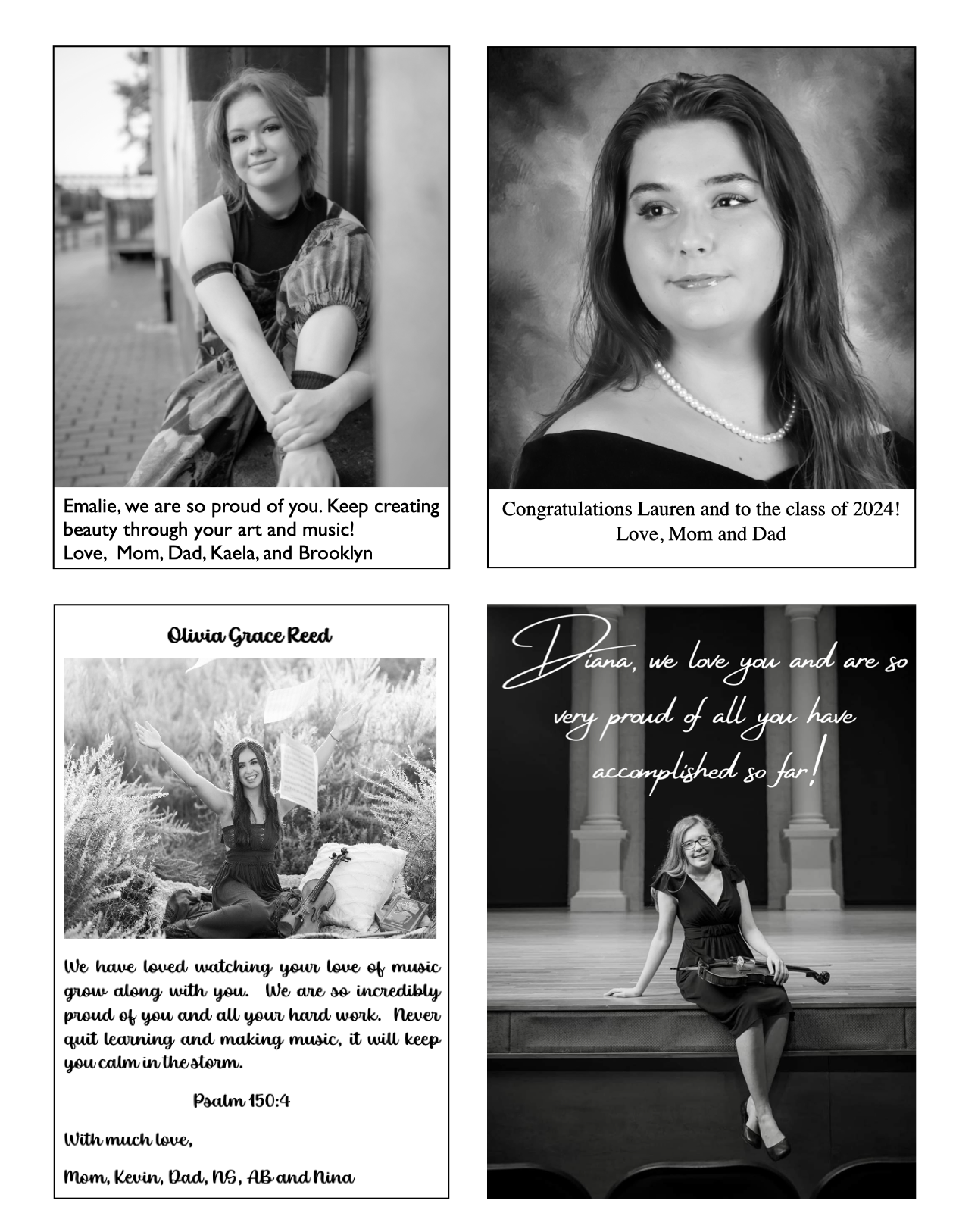 Four portraits of students, each with a message of love and congratulations.