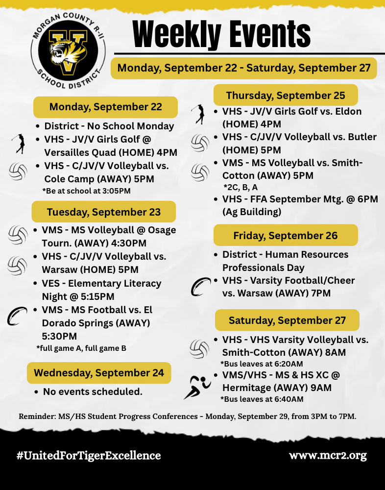 A school district's weekly events schedule, including sports and meetings.