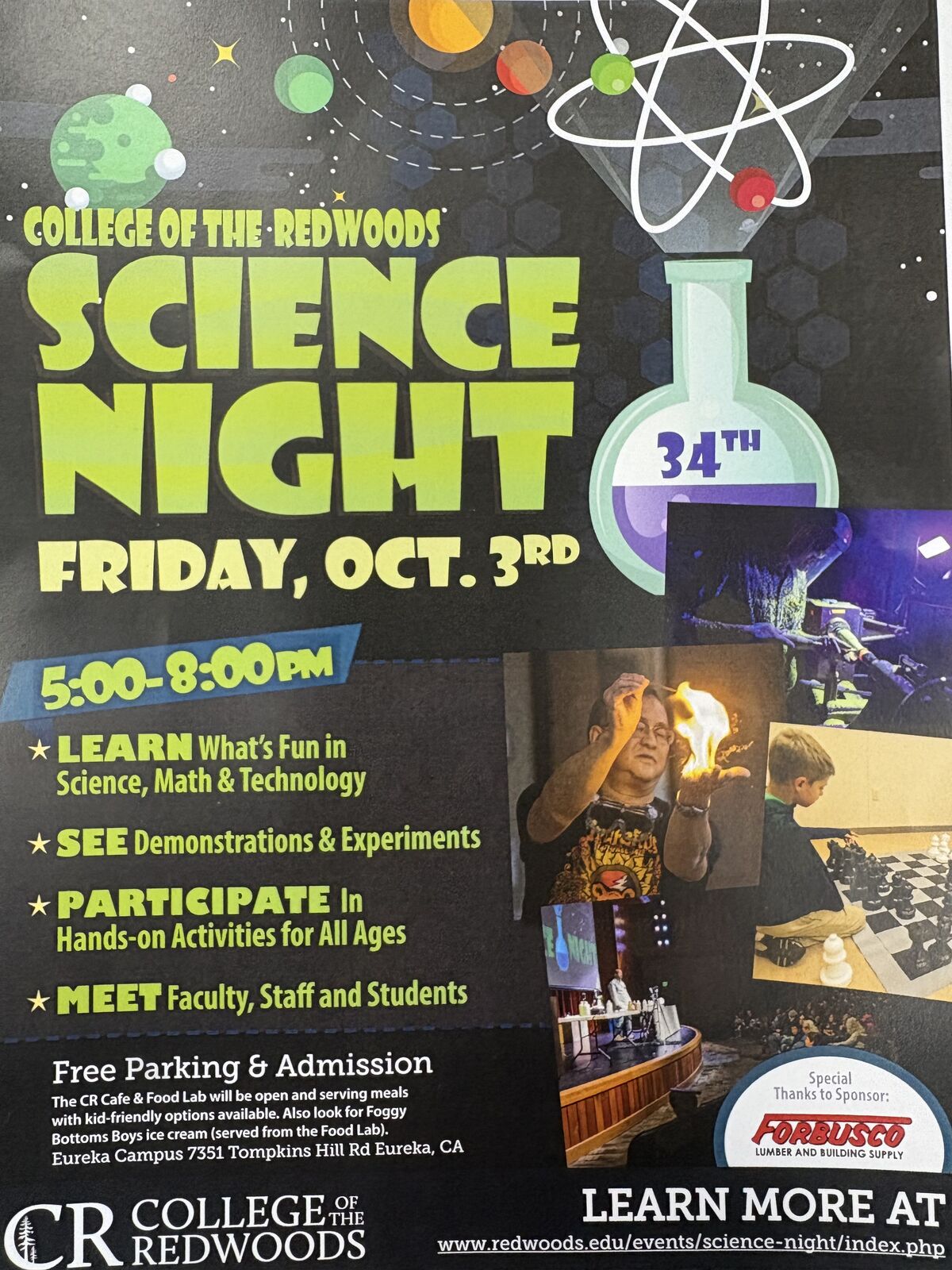 A promotional poster for College of the Redwoods Science Night, featuring science-themed graphics and event details.