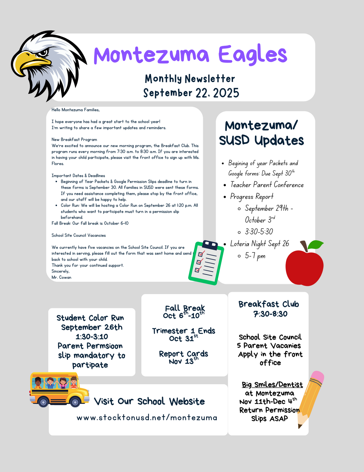 Montezuma Eagles school newsletter with important dates and reminders.