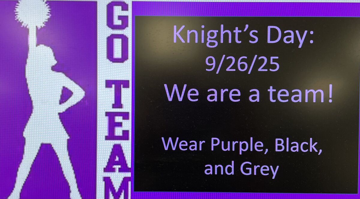 A purple and white graphic promoting Knight's Day, with a cheerleader silhouette.