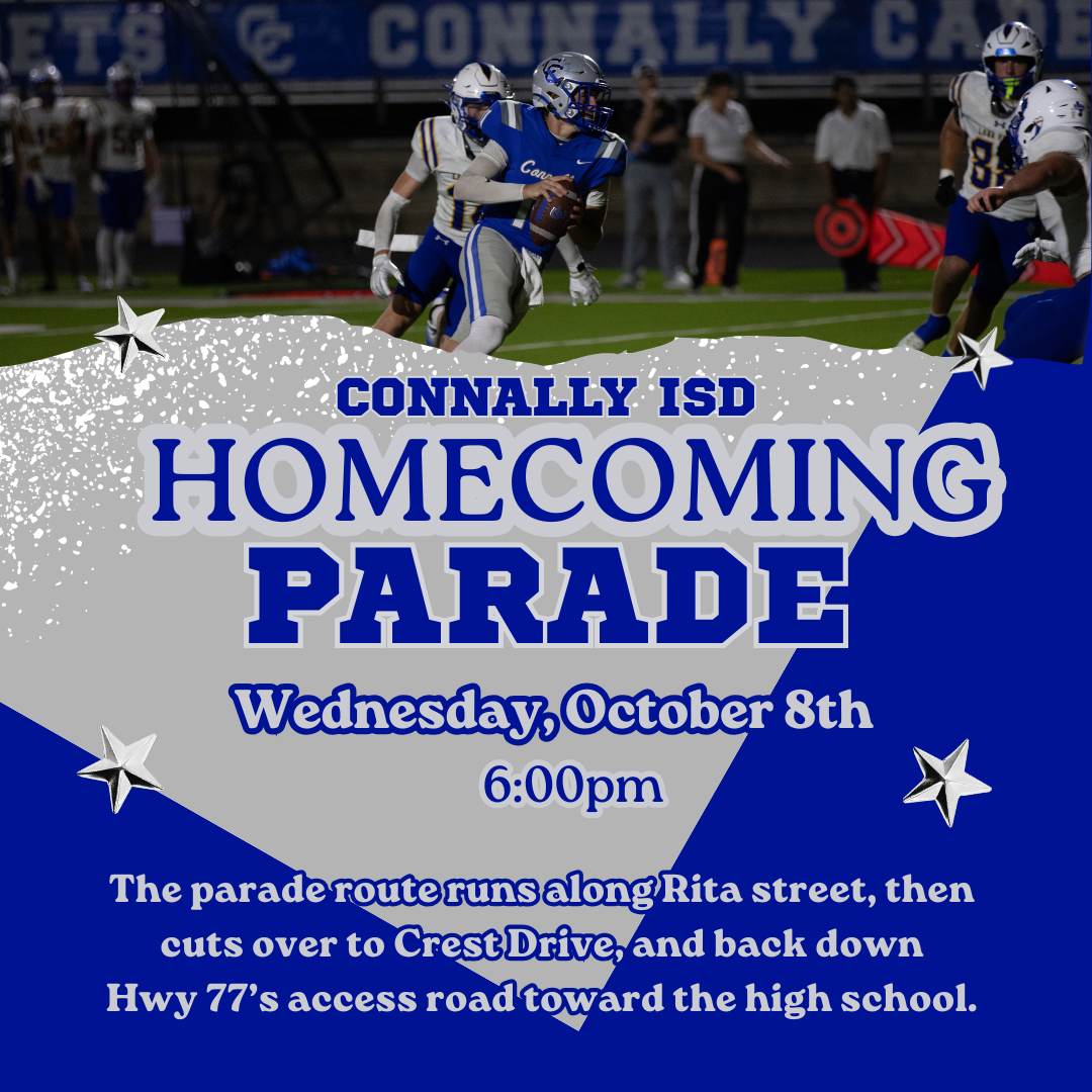A football player runs with the ball in a game, with a homecoming parade announcement.
