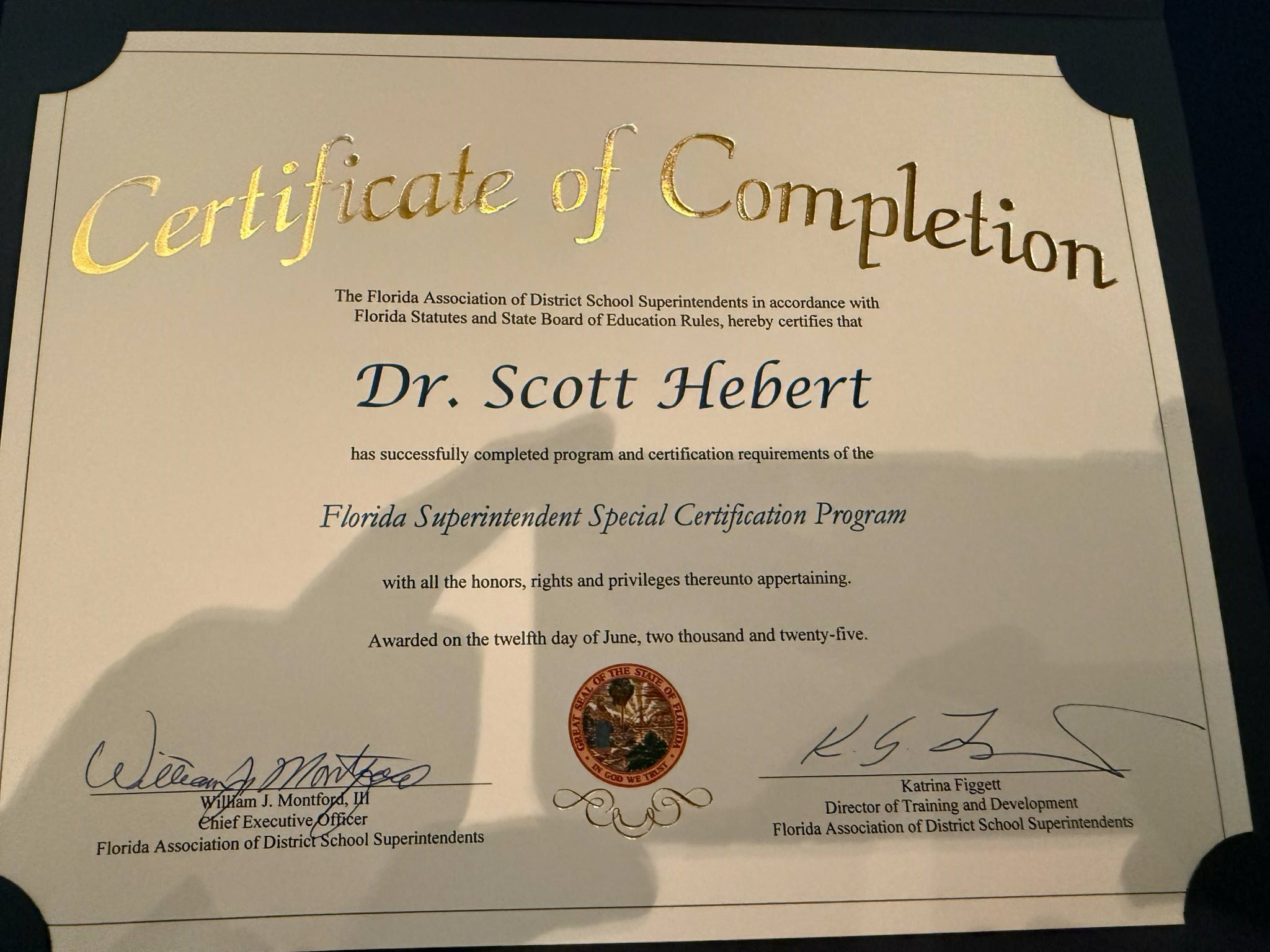 A certificate of completion for Dr. Scott Hebert, awarded by the Florida Association of District School Superintendents.