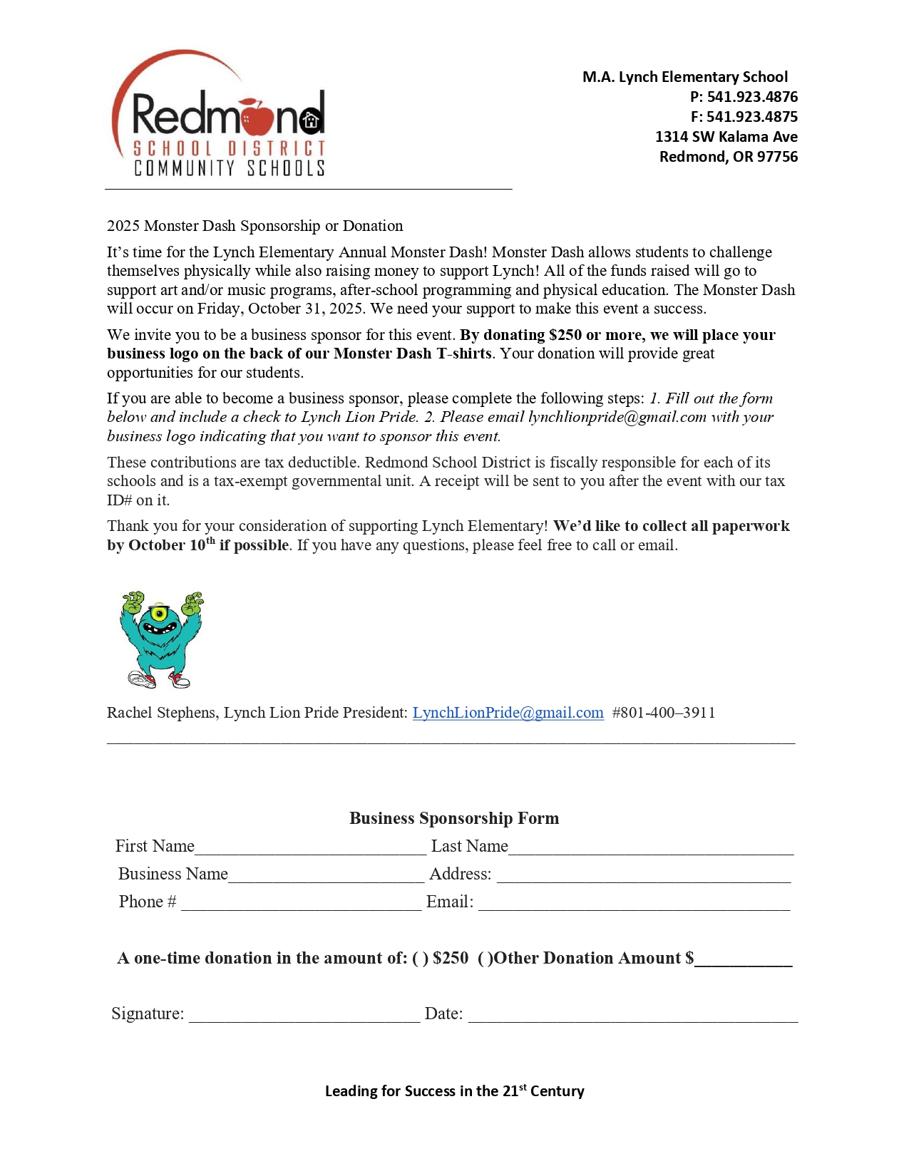 Monster Dash Sponsor Letter
