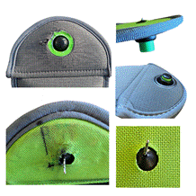 Close-up images show details of a gray and green object with a black button and a hole.