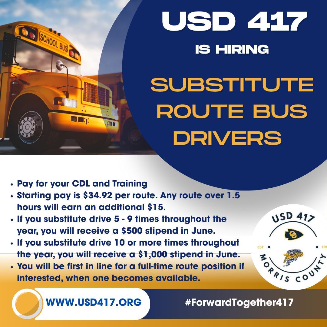 A yellow school bus is featured in an advertisement for substitute route bus drivers.