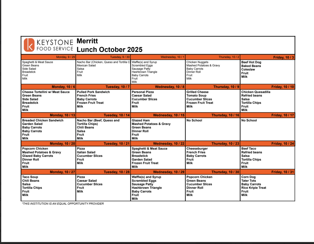 A school lunch menu for October 2025, listing daily meal options.