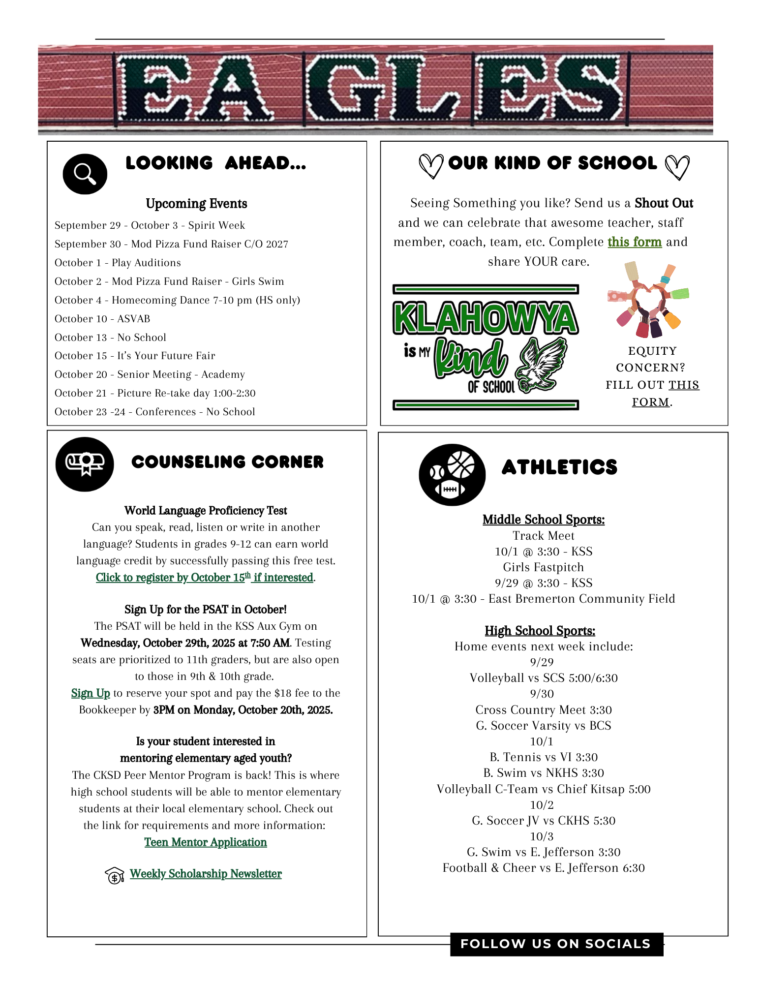 A school bulletin board displays upcoming events, sports schedules, and resources.