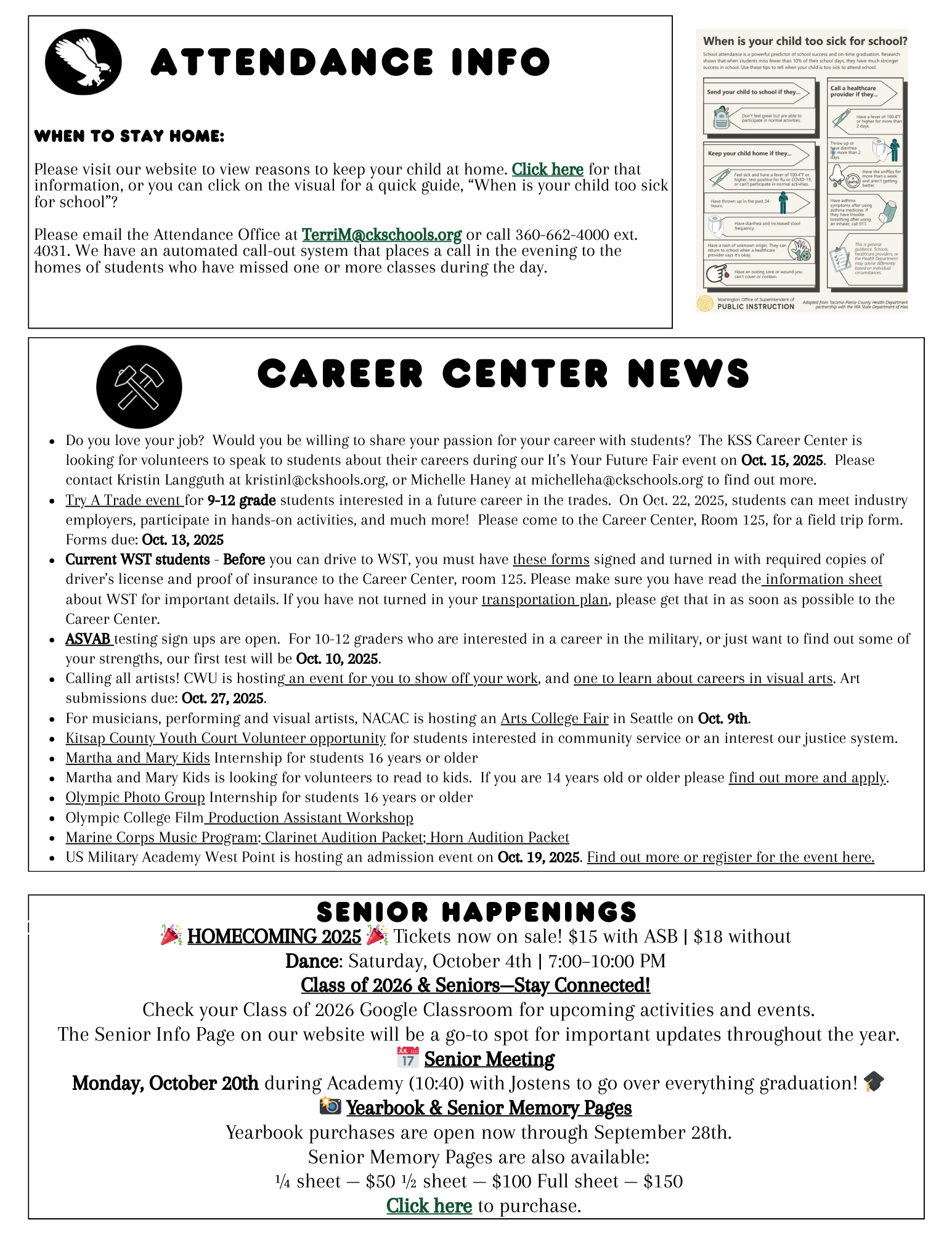 A webpage with school announcements, including attendance information and career center news.