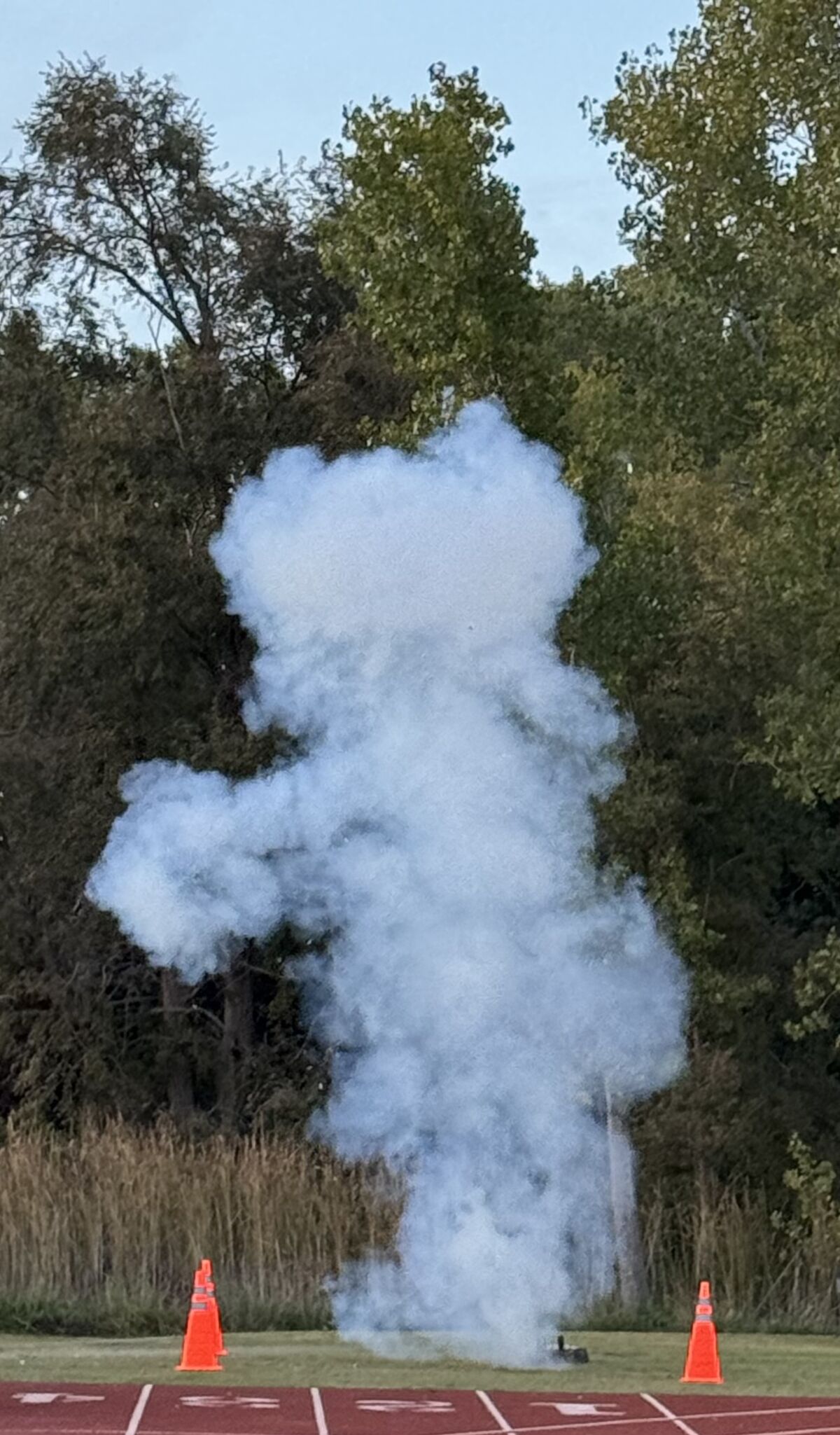 A large cloud of white smoke billows upwards near trees and a track.