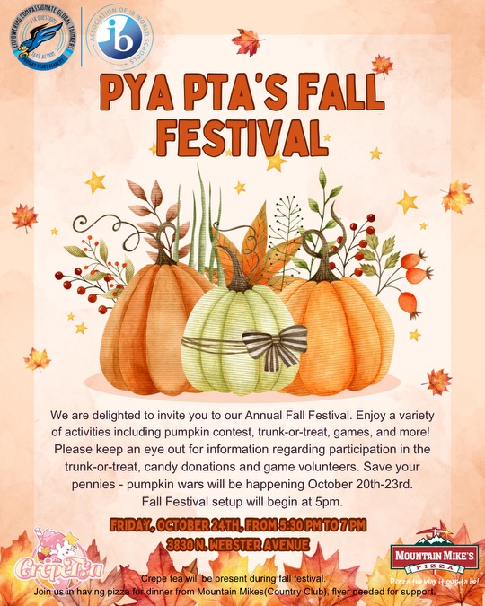 A fall festival flyer with pumpkins and autumn leaves, advertising activities and a date.