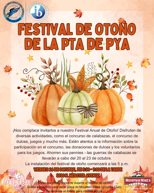Autumn festival flyer with pumpkins, leaves, and text in Spanish.