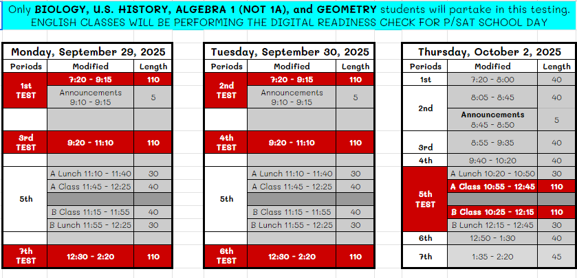 A school schedule for testing, including dates, times, and subjects.
