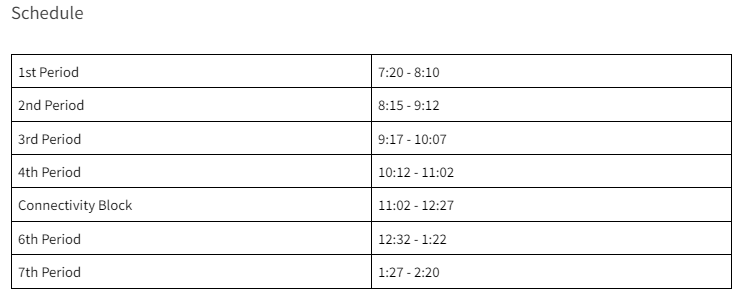 A schedule table lists periods and times, starting with 1st period at 7:20.